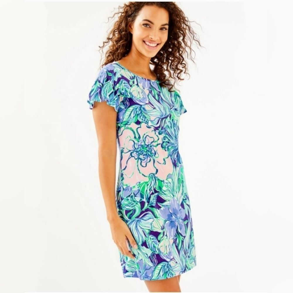 Lilly Pulitzer‎ Marah Dress Party Thyme Print Pima Cotton Flutter Sleeve Sz XXS